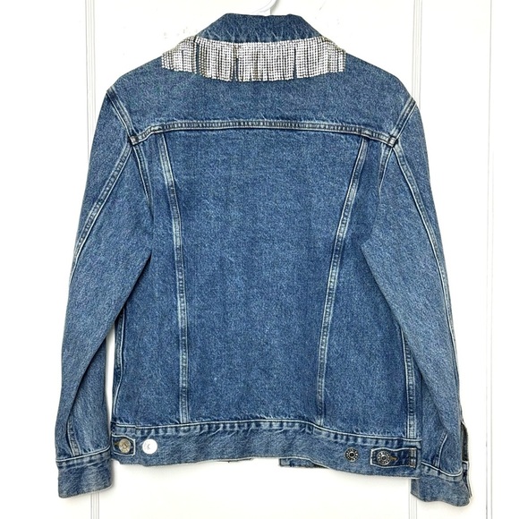 SANDRO Crystal Rhinestone Fringe Collar‎ Oversized Denim Trucker Jean Jacket M - Picture 8 of 15